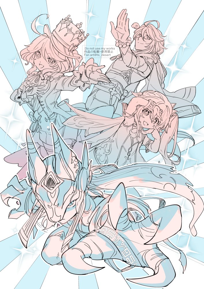 2boys, 2girls, ahoge, animal_hat, baizhu_(genshin_impact), bead_bracelet, beads, bracelet, changsheng_(genshin_impact), claws, closed_mouth, cyno_(genshin_impact), dress, finger_frame, furina_(genshin_impact), genshin_impact, glasses, hair_between_eyes, hand_on_own_chest, hat, jacket, jewelry, limited_palette, long_hair, long_sleeves, looking_at_viewer, monochrome, multiple_boys, multiple_girls, nahida_(genshin_impact), open_mouth, ponytail, side_ponytail, simple_background, snake, sparkle, top_hat, ts_desert