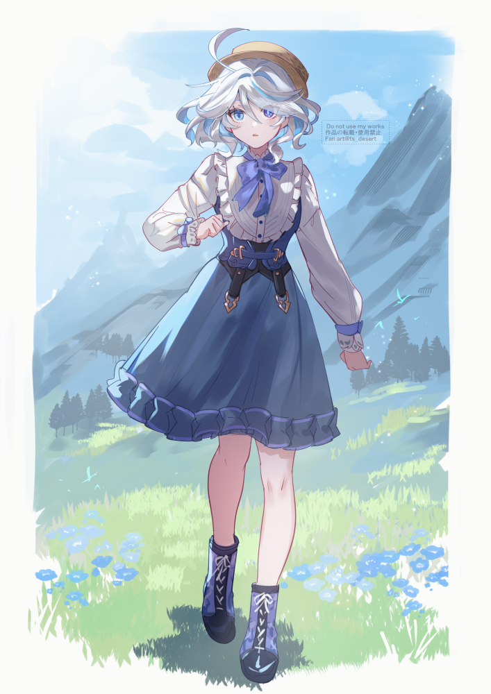 1girl, ahoge, alternate_costume, blue_eyes, blue_flower, blue_hair, boots, brown_headwear