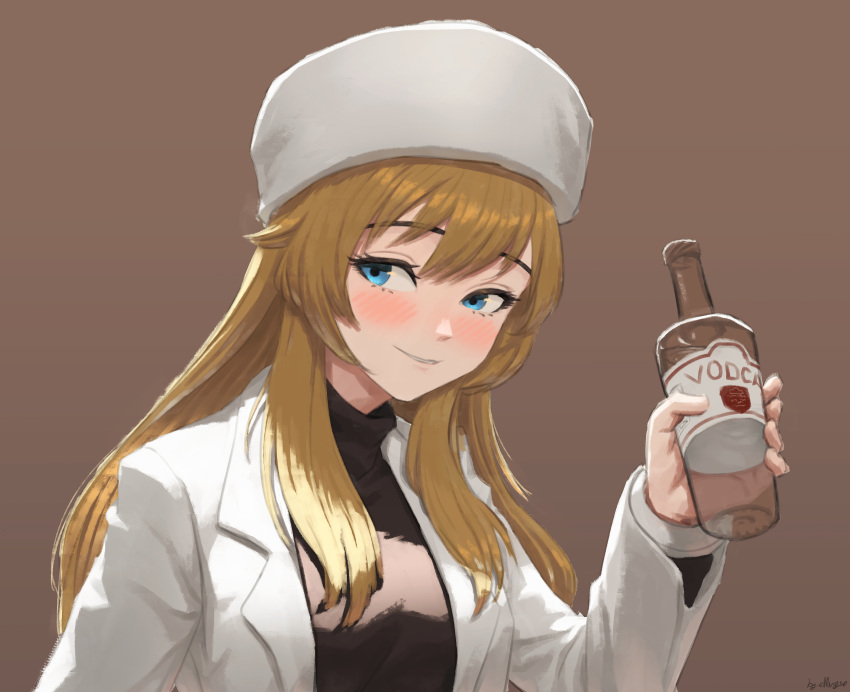 absurdres, alcohol, andranof_pepesha, blonde_hair, blue_eyes, blush, bottle, brown_background, brown_sweater, ellinyse, fur_hat, grey_headwear, hand_up, hat, highres, holding, holding_bottle, jacket, long_hair, long_sleeves, open_clothes, open_jacket, shy_(series), signature, simple_background, smile, sweater, upper_body, vodka