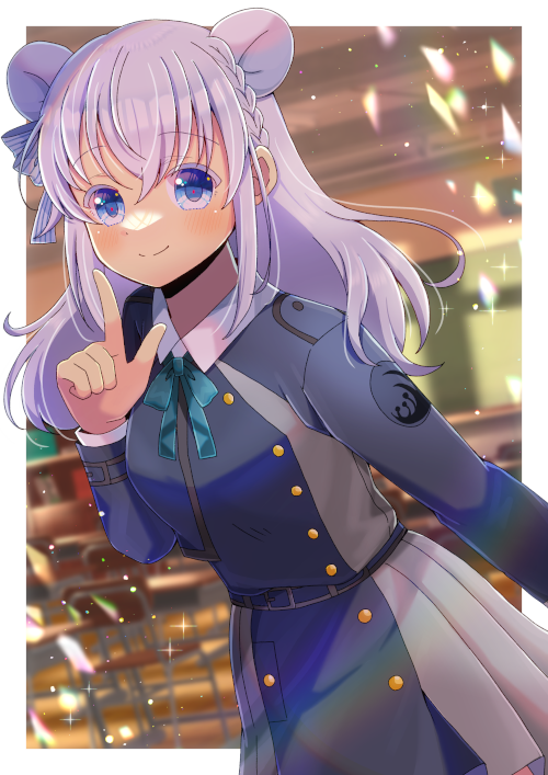 1girl, animal_ears, black_dress, blue_bow, blue_eyes, blurry, blurry_background, blush