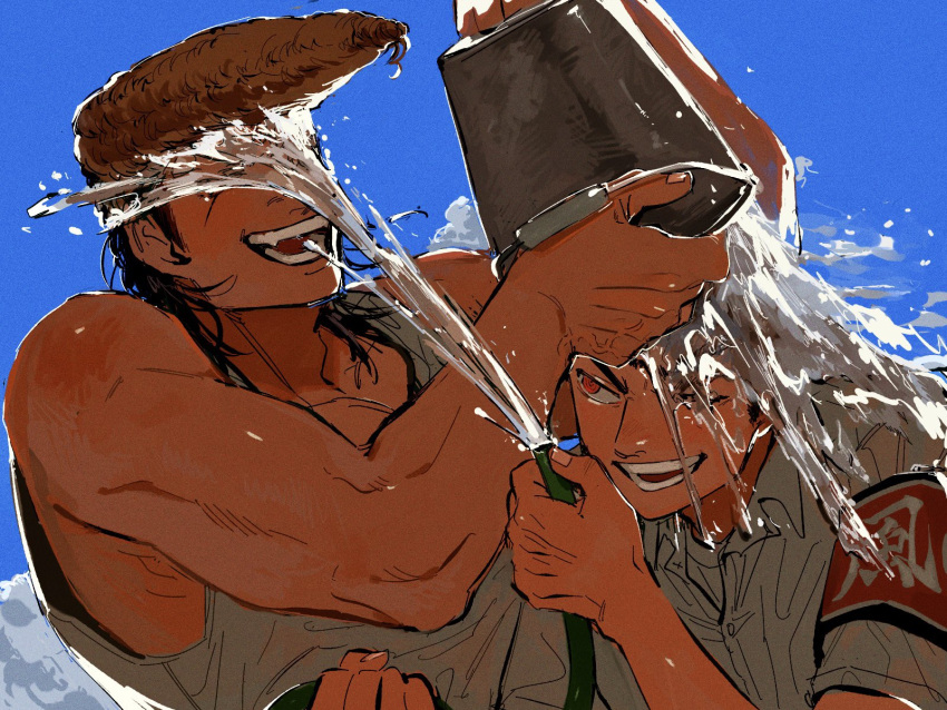 2boys, :d, armband, black_hair, blue_background, brown_hair, bucket, danganronpa:_trigger_happy_havoc