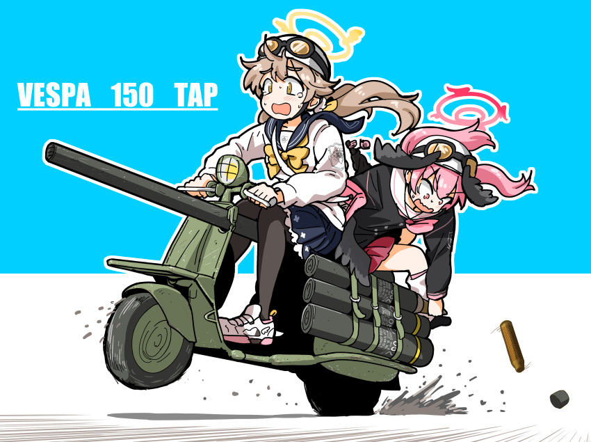 2girls, absurdres, black_pantyhose, black_shirt, black_wings, blue_archive, blush, commentary_request, feathered_wings, frilled_skirt, frills, full_body, goggles, goggles_on_headwear, hair_between_eyes, halo, hariyaa, head_wings, hifumi_(blue_archive), highres, koharu_(blue_archive), light_brown_hair, long_hair, long_sleeves, low_twintails, motor_vehicle, multiple_girls, neckerchief, on_scooter, pantyhose, pink_eyes, pink_hair, pink_halo, pink_neckerchief, pink_skirt, pleated_skirt, riding, sailor_collar, sailor_shirt, school_uniform, scooter, shirt, shoes, skirt, sneakers, socks, sweatdrop, twintails, vespa_150_tap, white_sailor_collar, white_socks, winged_halo, wings, yellow_eyes, yellow_halo