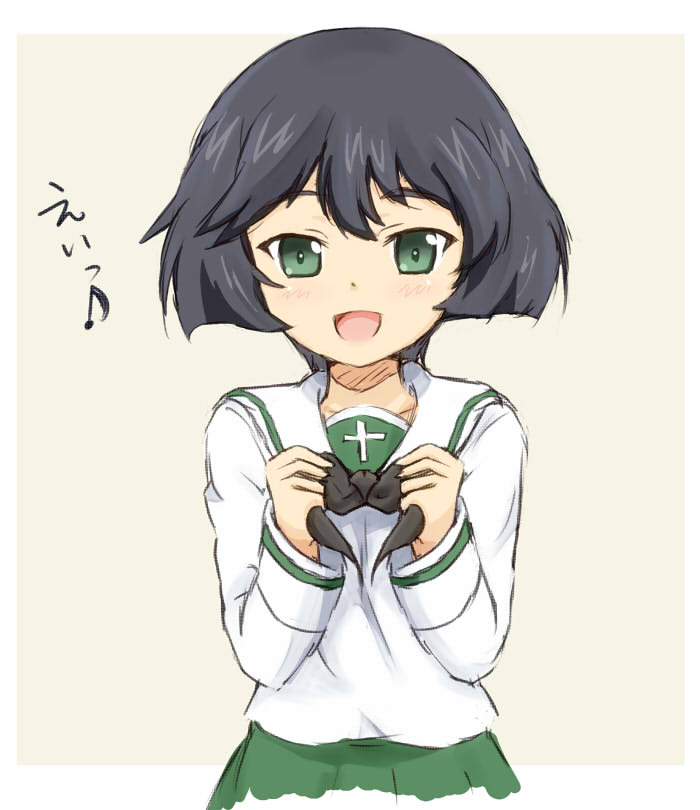 1girl, :d, black_hair, black_neckerchief, blunt_ends, blush, bob_cut, border