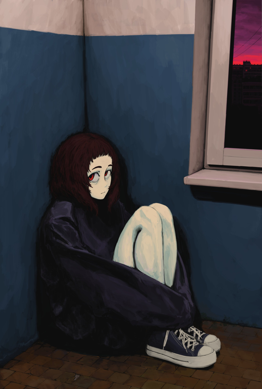 1girl, absurdres, black_footwear, black_jacket, brown_hair, highres, jacket, legs_together