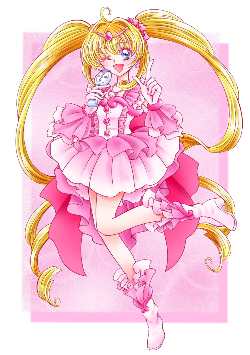 1girl, ahoge, blonde_hair, blue_eyes, blush, boots, bow, bracelet
