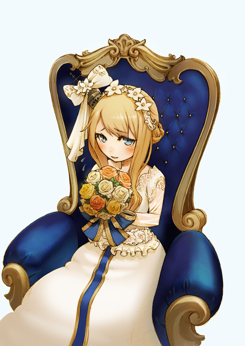 1girl, alternate_costume, azur_lane, blonde_hair, blue_eyes, bouquet, dress, dress_flower