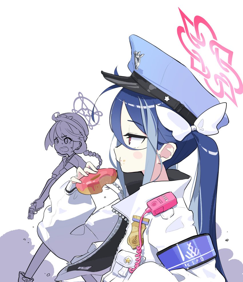2girls, absurdres, antenna_hair, blue_archive, blue_hair, blue_headwear, blush_stickers, domado