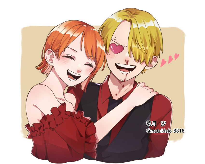 1boy, 1girl, artist_name, bare_shoulders, black_necktie, blonde_hair, blood, blush