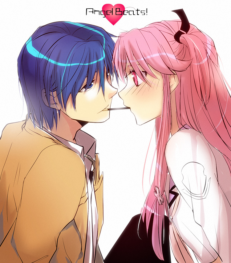 blue_eyes, blue_hair, hinata_(angel_beats!), kimura_shiki, long_hair, pink_eyes, pink_hair, pocky, pocky_kiss, school_uniform, serafuku, shared_food, short_hair, twintails, yui_(angel_beats!)