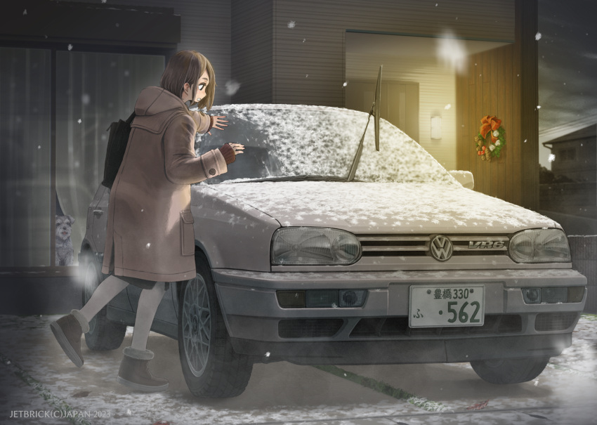 1girl, black_footwear, black_skirt, brown_coat, brown_hair, brown_sweater, car, christmas_wreath