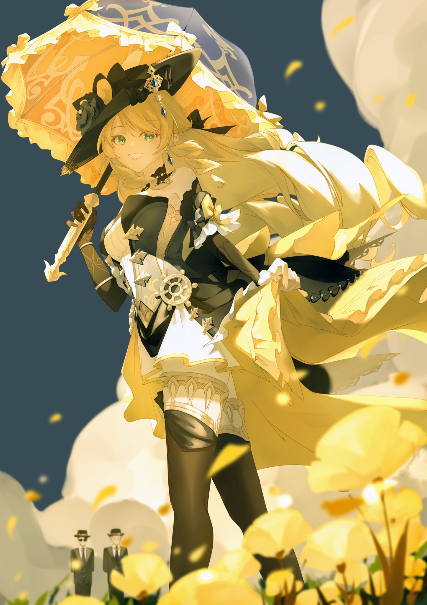 1girl, 2boys, bare_shoulders, black_bow, black_flower, black_gloves, blonde_hair, bow, breasts, detached_sleeves, flower, genshin_impact, gloves, hat, hat_flower, highres, looking_at_viewer, melus_(genshin_impact), multiple_boys, navia_(genshin_impact), noi_(nuoyawupengchuan), sidelocks, silver_(genshin_impact), umbrella, yellow_flower, yellow_umbrella