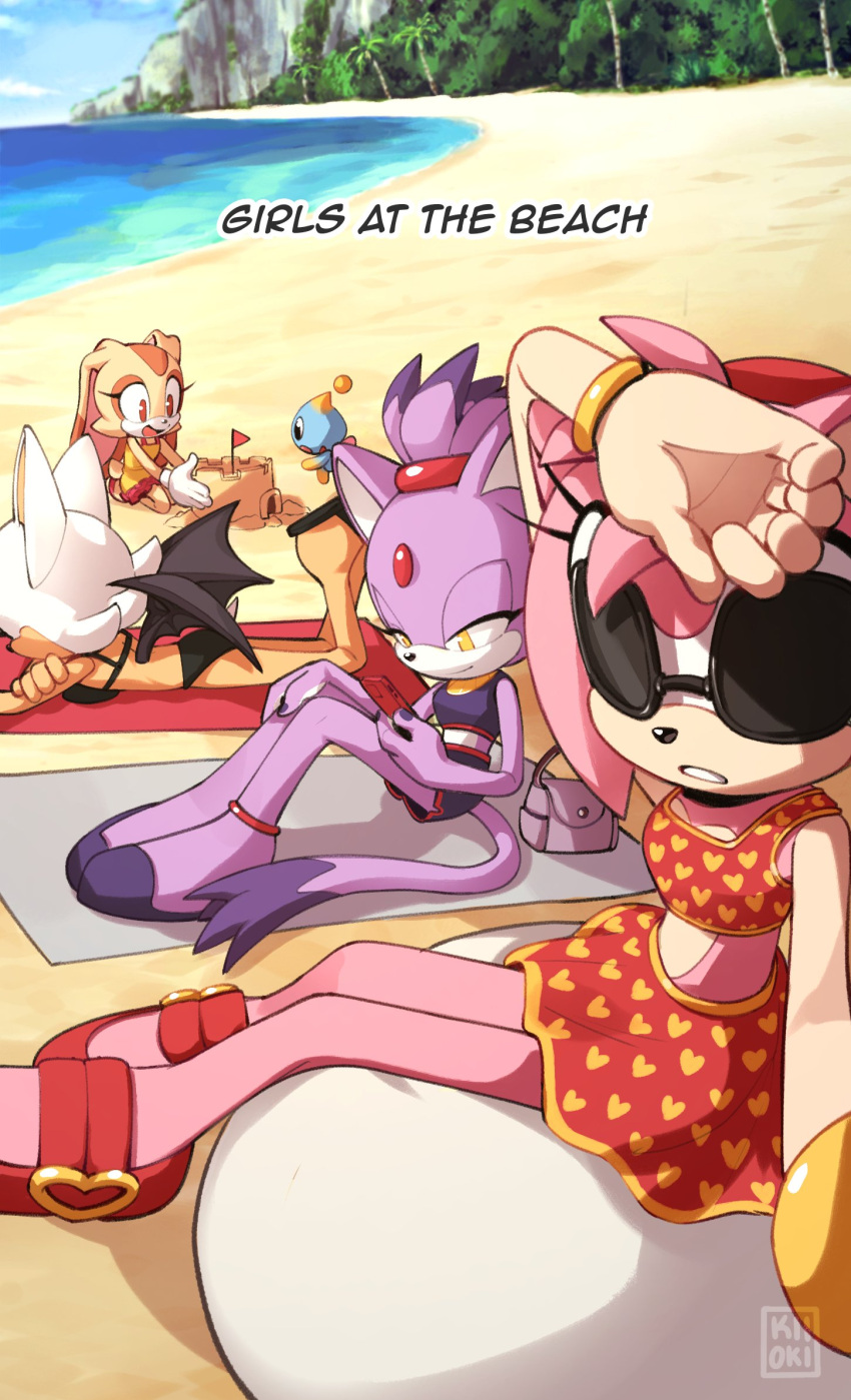 4girls, amy_rose, animal_ears, artist_logo, artist_name, bag, bat_wings, beach