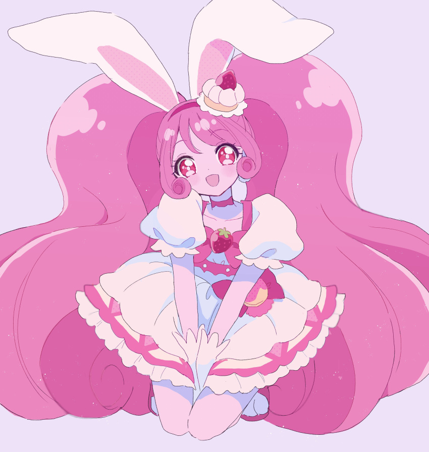 1girl, absurdres, animal_ears, blush, bow, cake, cake_hair_ornament, choker, cure_whip, dress, earrings, extra_ears, eyelashes, food, food-themed_hair_ornament, food-themed_ornament, frills, fruit_brooch, gloves, hair_ornament, highres, jewelry, kirakira_precure_a_la_mode, kneeling, long_hair, looking_at_viewer, magical_girl, open_mouth, pink_choker, pink_eyes, pink_hair, pom_pom_(clothes), pom_pom_earrings, precure, rabbit_ears, simple_background, smile, solo, strawberry_brooch, strawberry_shortcake, tapi_(pnkt_yksb), twintails, usami_ichika, white_gloves