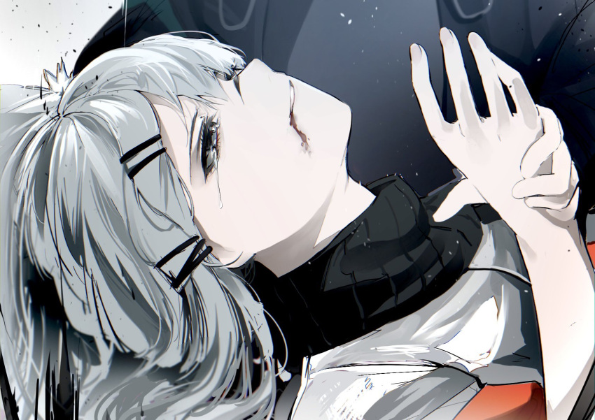 1girl, 1other, ambiguous_gender, angst, animal_ear_fluff, animal_ears, arknights, armband