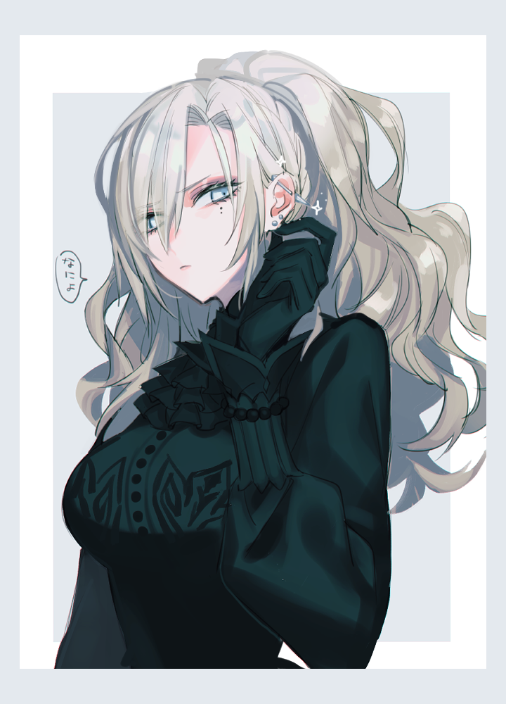 1girl, black_dress, black_gloves, blue_eyes, border, closed_mouth, commentary_request, dress