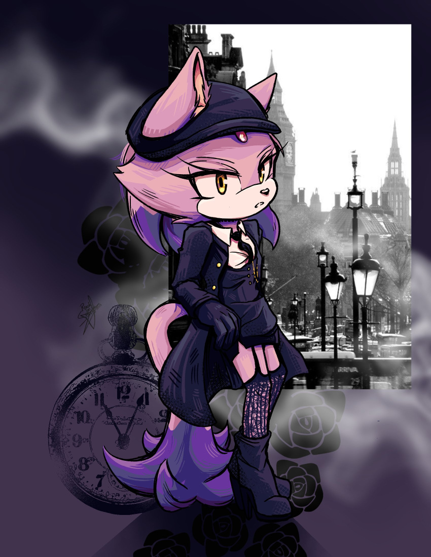 1girl, animal_ears, black_footwear, black_gloves, black_headwear, black_necktie, black_thighhighs, blaze_the_cat, cat_ears, cat_girl, cat_tail, eyelashes, flower, forehead_jewel, gloves, hair_down, hat, highres, jacket, necktie, open_clothes, open_jacket, photo_background, pocket_watch, purple_fur, rfts10919, rose, skirt, sonic_(series), tail, thigh-highs, watch, yellow_eyes