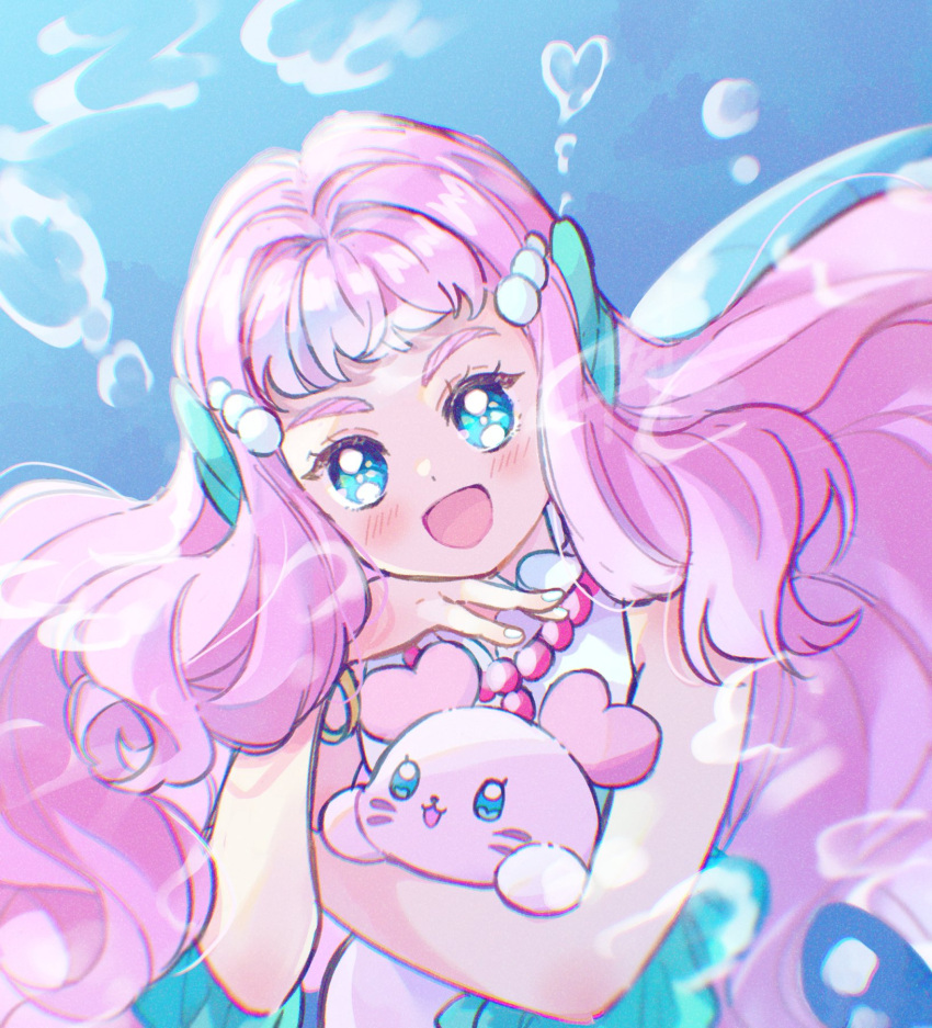 1girl, :d, animal, blue_eyes, blush, bracelet, commentary_request, hair_ornament, heart, highres, holding, holding_animal, jewelry, kururun_(precure), laura_la_mer, long_hair, looking_at_viewer, magical_girl, mermaid, monster_girl, open_mouth, pearl_hair_ornament, pink_hair, precure, seal_(animal), simple_background, smile, solo, sorashinakei_k, tropical-rouge!_precure, underwater