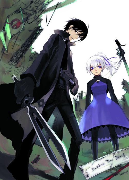 black_cat, black_hair, cat, coat, darker_than_black, dress, dual_wielding, gloves