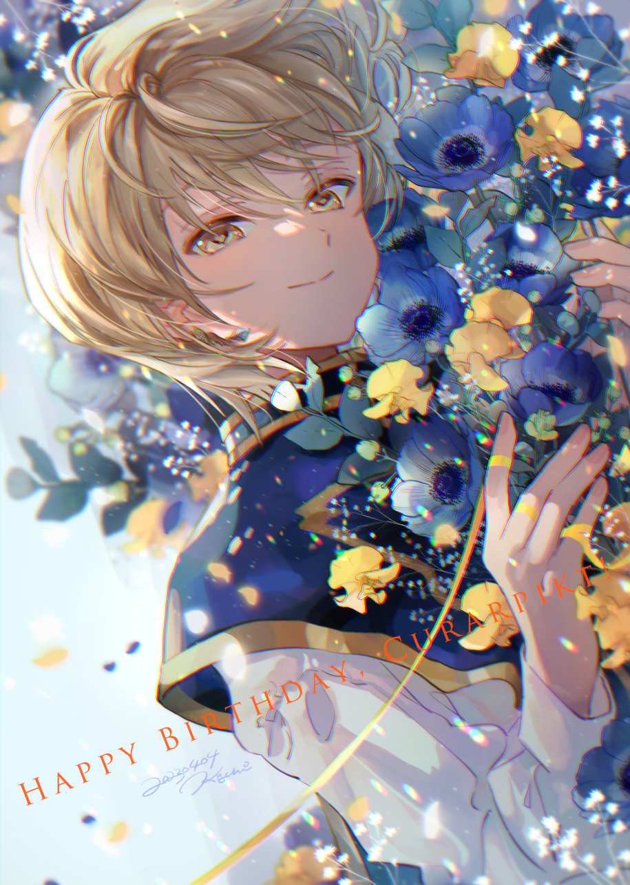 1boy, anzu_(pixiv), blonde_hair, blue_flower, bouquet, flower, happy_birthday, highres