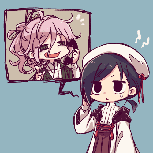 1boy, 1girl, :d, @_@, an'ya_meikyuu, arm_at_side, beret, black_eyes, black_hair, blue_background, brown_skirt, commentary_request, dated_commentary, flower_knot, green_eyes, hair_between_eyes, hand_up, hands_up, haori, hat, high-waist_skirt, holding, holding_phone, japanese_clothes, jitome, long_sleeves, low_ponytail, lowres, medium_hair, notice_lines, open_clothes, open_mouth, open_robe, original, otoko_no_ko, phone, pink_hair, pleated_skirt, ponytail, rakuni, ribbed_shirt, robe, sayuki_(rakuni), shirt, shirt_tucked_in, short_ponytail, skirt, smile, string_around_finger, sweatdrop, swept_bangs, talking_on_phone, tassel, triangle_mouth, v-shaped_eyebrows, wavy_hair, wavy_mouth, white_robe, white_shirt, wide_sleeves