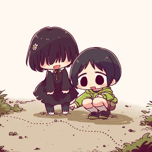 1boy, 1girl, :d, an'ya_meikyuu, ant, black_dress, black_footwear, black_hair