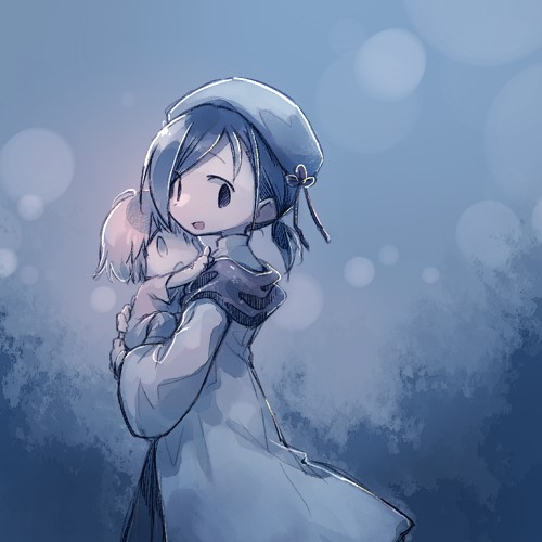 1boy, 1other, an'ya_meikyuu, baby, beret, black_eyes, black_hair, blue_background