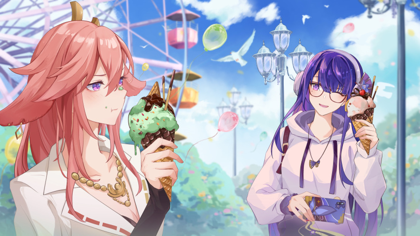 2girls, absurdres, animal_ears, balloon, bird, blue_sky, blunt_bangs, cellphone