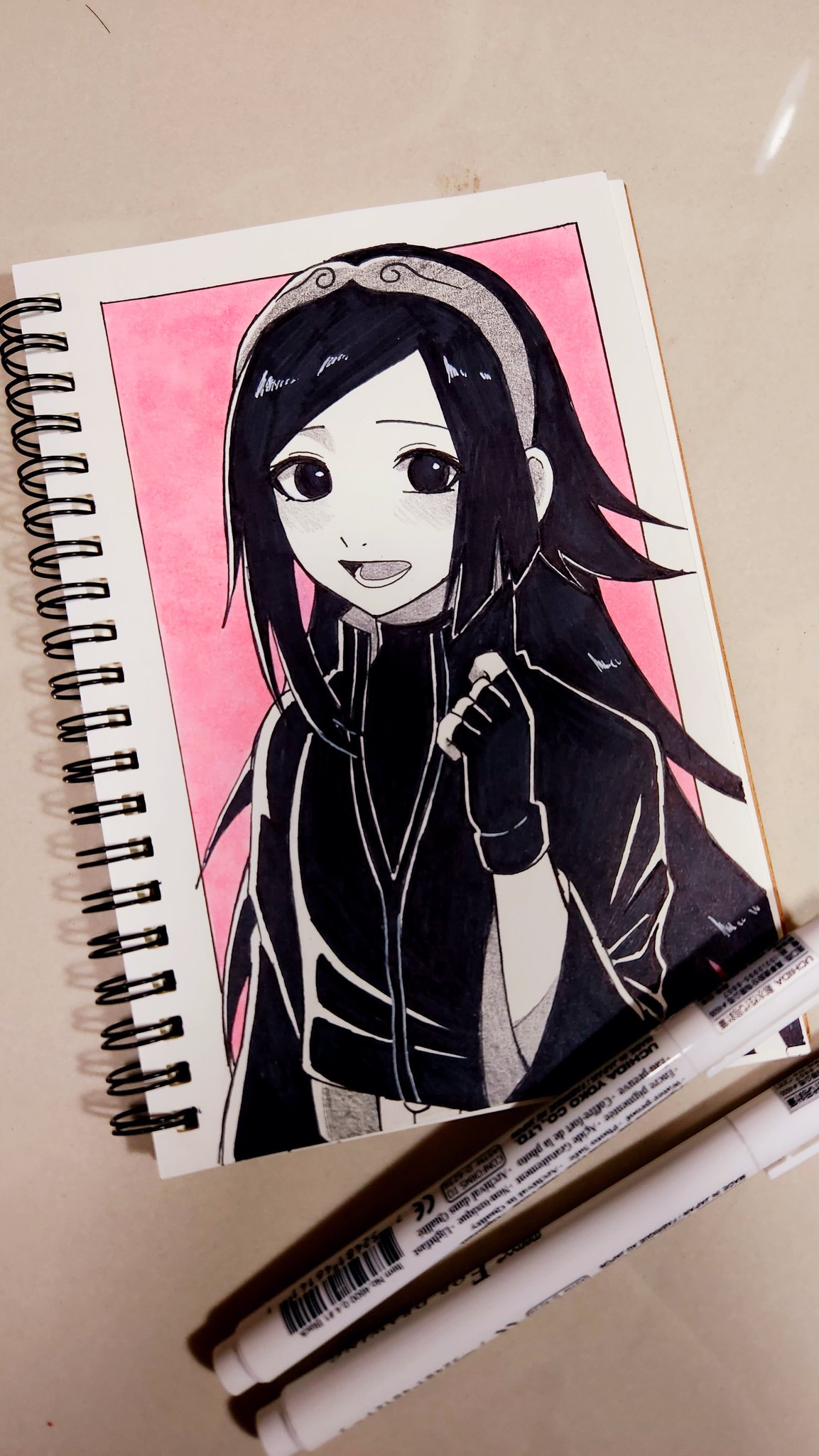 1girl, akina_mochi, art_tools_in_frame, boruto:_naruto_next_generations, fingerless_gloves, gloves, greyscale_with_colored_background, hairband