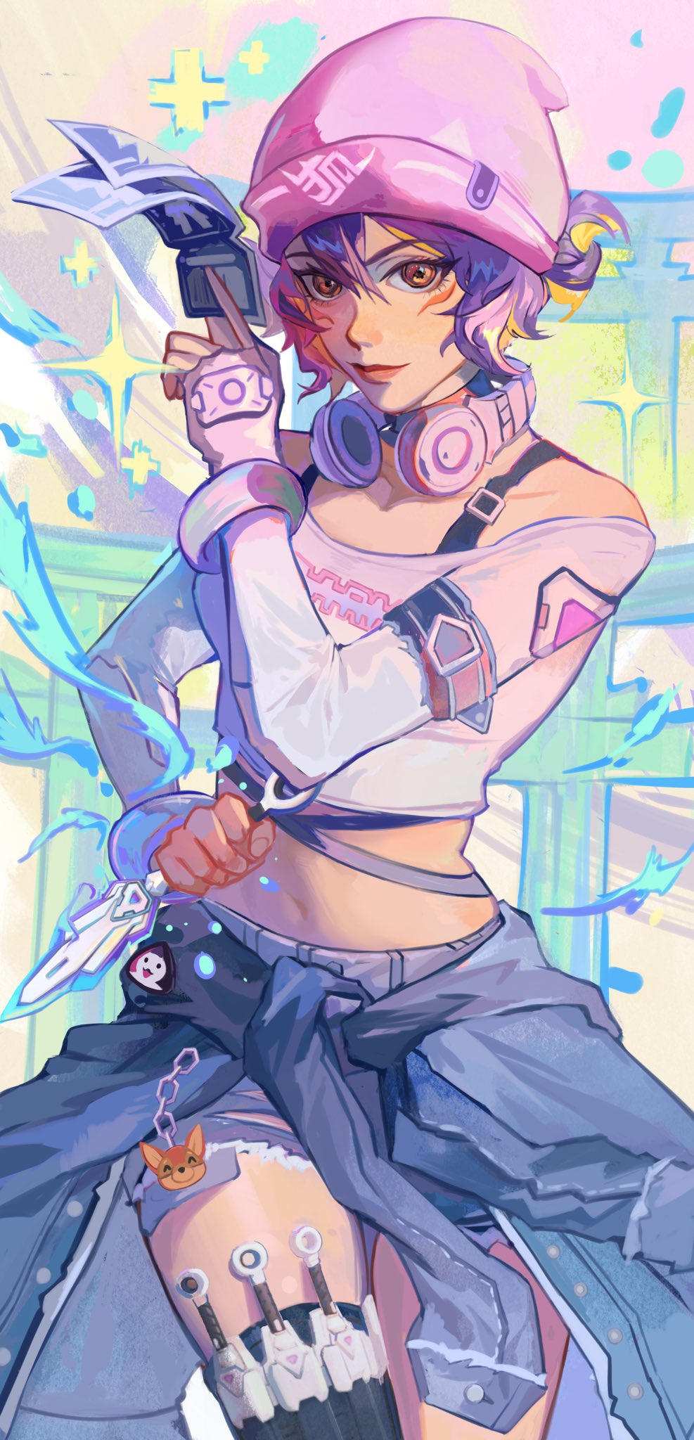 blue_hair, blue_jacket, bra_strap, clothes_around_waist, crop_top, headphones, headphones_around_neck, highres