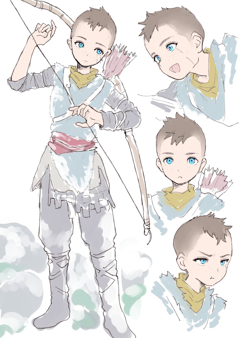 1boy, atreus, blue_eyes, bow_(weapon), brown_hair, child, commentary_request, full_body