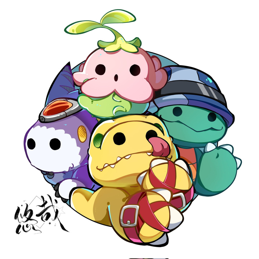 :o, agumon_(digimon_savers), belt, blue_headwear, claws, closed_mouth, digimon, digimon_(creature)