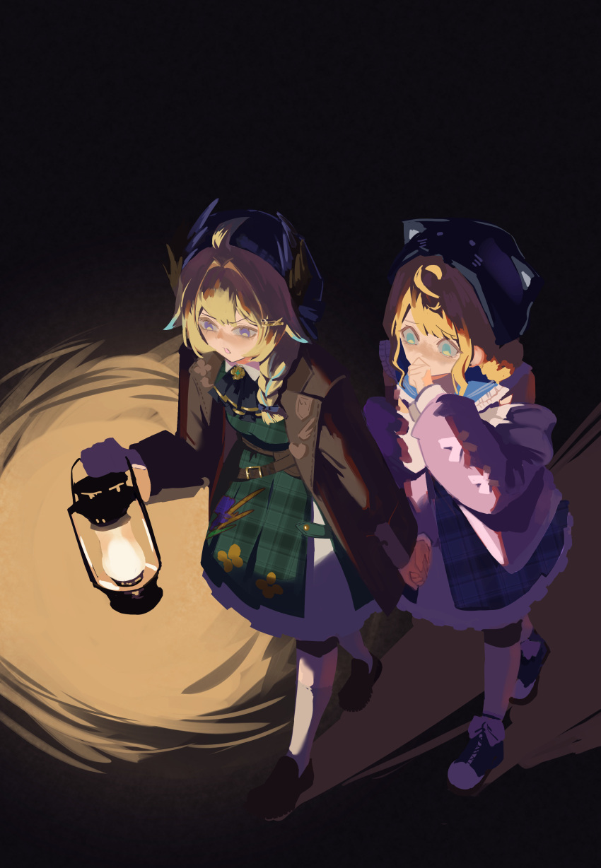 2girls, absurdres, ahoge, animal_hat, aqua_eyes, blonde_hair, blue_dress, braid