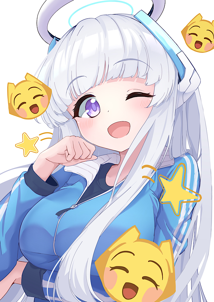 1girl, blue_archive, blush, emoji, grey_hair, halo, long_hair, looking_at_viewer