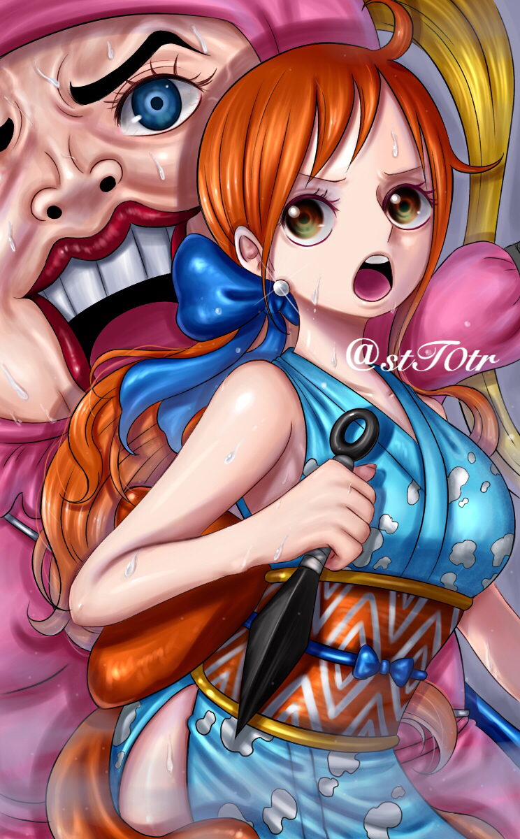 2girls, artist_name, bare_shoulders, blonde_hair, blue_eyes, blue_ribbon, commentary_request, earrings, hair_ribbon, highres, holding, holding_weapon, jewelry, kunai, lips, lipstick, long_hair, low_ponytail, makeup, multiple_girls, nami_(one_piece), official_alternate_costume, one_piece, open_mouth, orange_hair, pearl_earrings, ponytail, red_lips, ribbon, shinobu_(one_piece), stt0tr, teeth, twintails, weapon