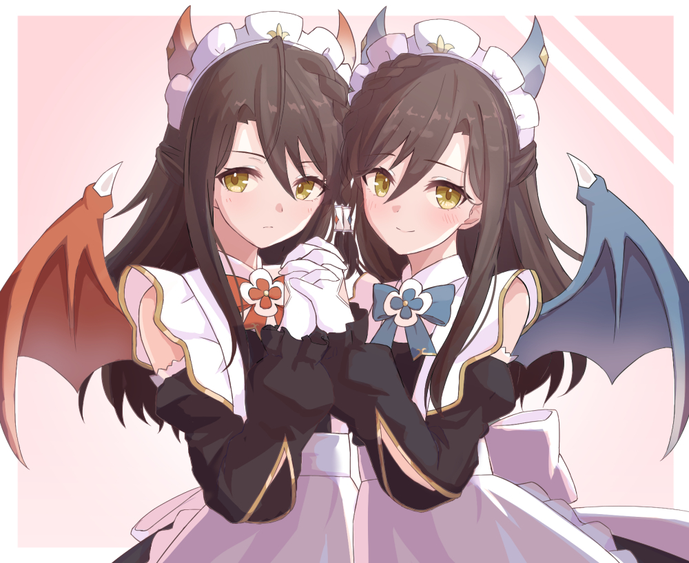 2girls, black_hair, brown_hair, commentary_request, detached_sleeves, dragon_horns, dragon_wings, expressionless, gloves, holding_hands, horns, lind_(princess_connect!), long_hair, maid, maid_headdress, multiple_girls, princess_connect!, ribbon, siblings, simple_background, smile, twins, whitel_(zou_tukasaki), wings, wurm_(princess_connect!), yellow_eyes