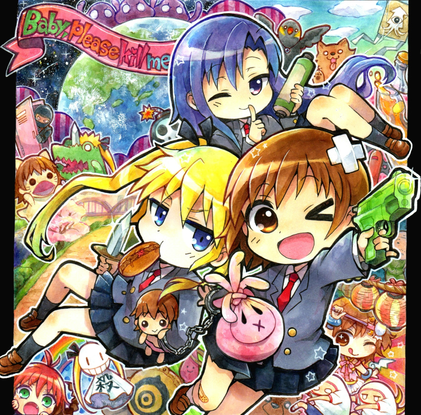 >_o, 4girls, alien, bag, bandaid, bandaid_on_leg, bird, black_ribbon