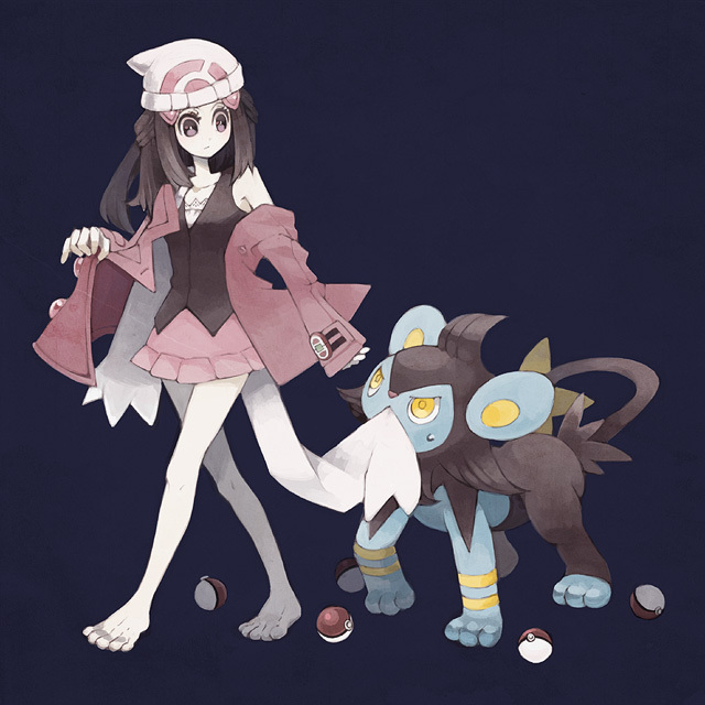 1girl, bad_feet, barefoot, beanie, brown_eyes, brown_hair, hat, hikari_(pokemon), luxio, poke_ball, pokemon, pokemon_(creature), scarf, strawberrybit, undressing