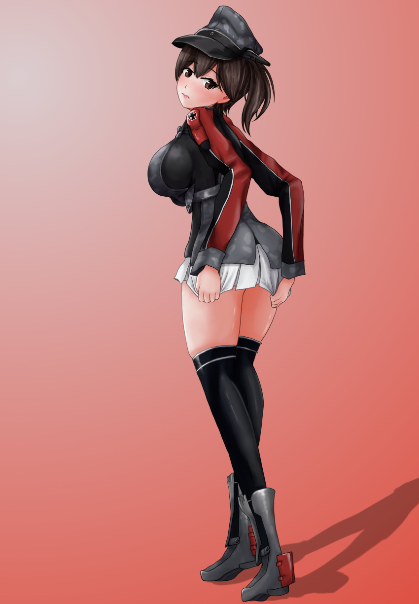 1girl, absurdres, black_hair, black_shirt, black_thighhighs, brown_eyes, camouflage, cosplay