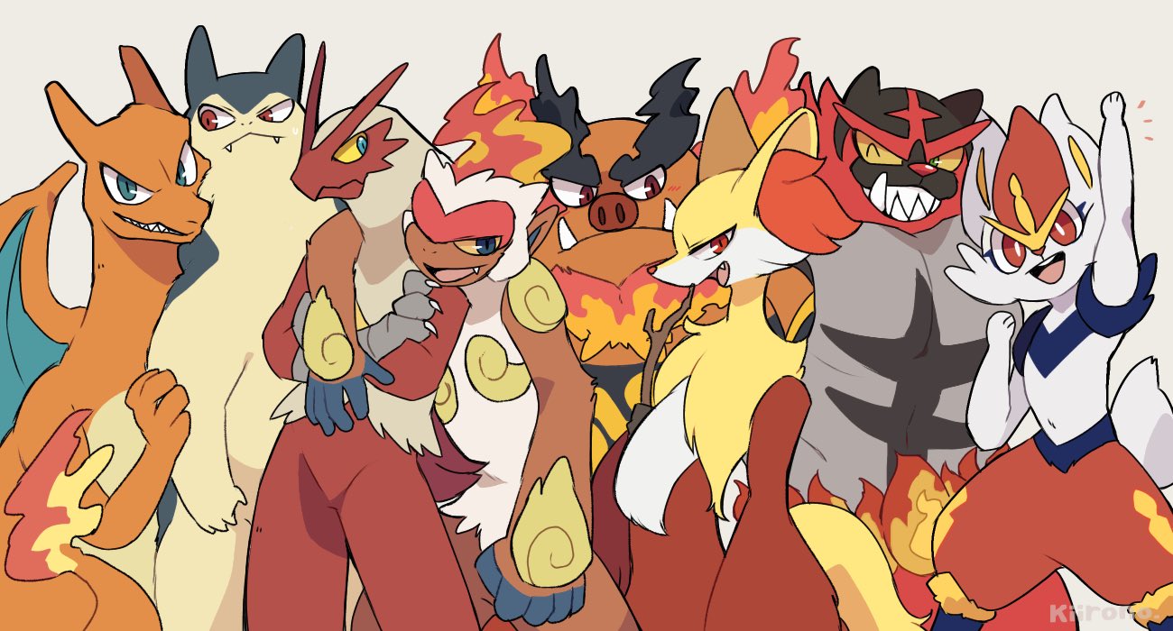 arm_up, blaziken, blue_eyes, charizard, cinderace, colored_sclera, crossed_arms, delphox, emboar, fangs, fiery_tail, furry, grey_background, infernape, kiirono, looking_at_viewer, no_humans, one_eye_closed, open_mouth, pokemon, pokemon_(creature), red_eyes, sharp_teeth, signature, simple_background, sweat, tail, teeth, tusks, typhlosion, yellow_sclera