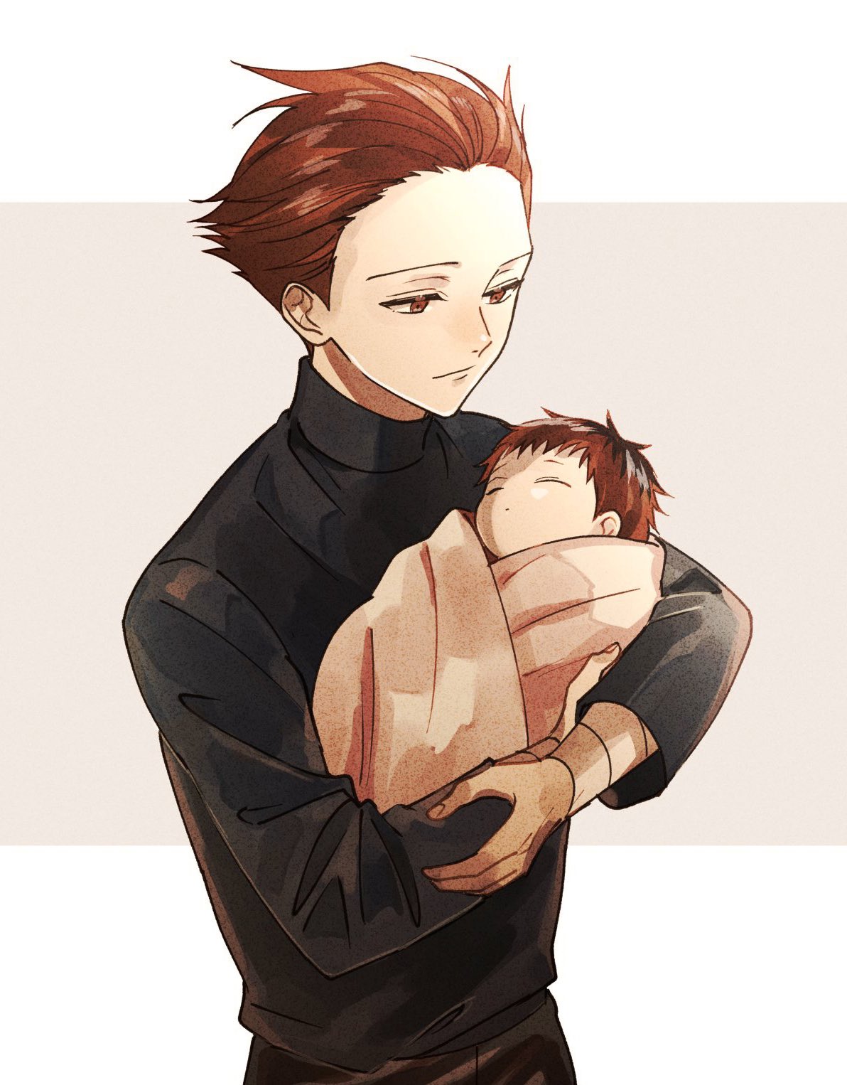 2boys, baby, bandaged_arm, bandages, black_sweater, brothers, brown_pants, carrying