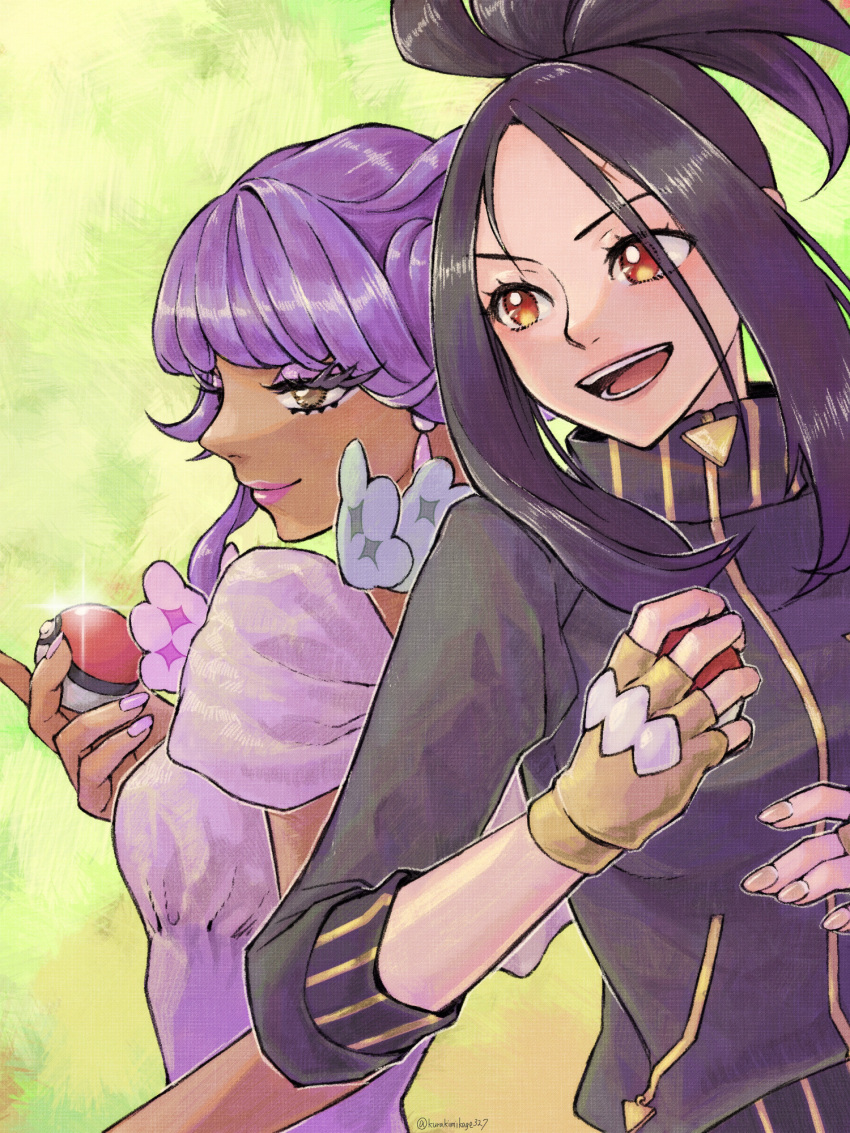2girls, black_hair, brown_eyes, dark-skinned_female, dark_skin, dendra_(pokemon), eyelashes, fingerless_gloves