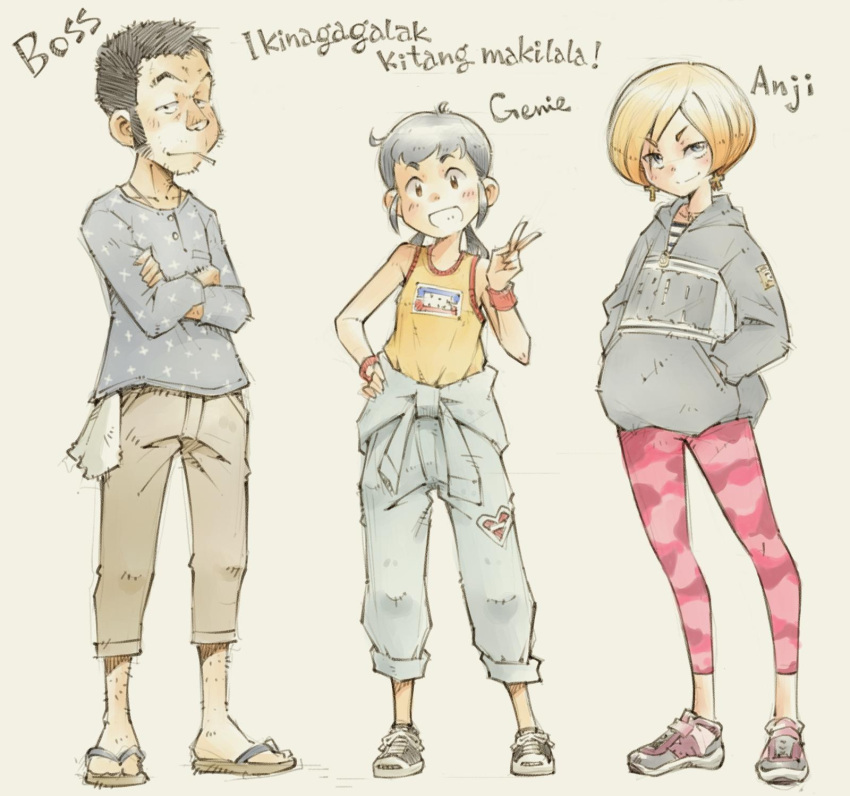 1boy, 2girls, anji_(genie's_motorcycle_life), black_footwear, black_hair, blonde_hair, blue_jumpsuit, blue_shirt