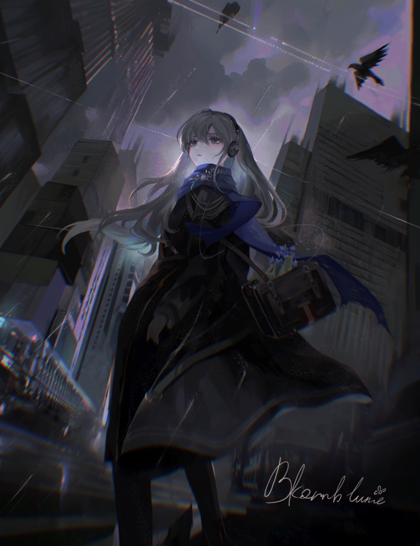 1girl, absurdres, bag, bird, bkornblume, black_bird, black_coat, black_gloves