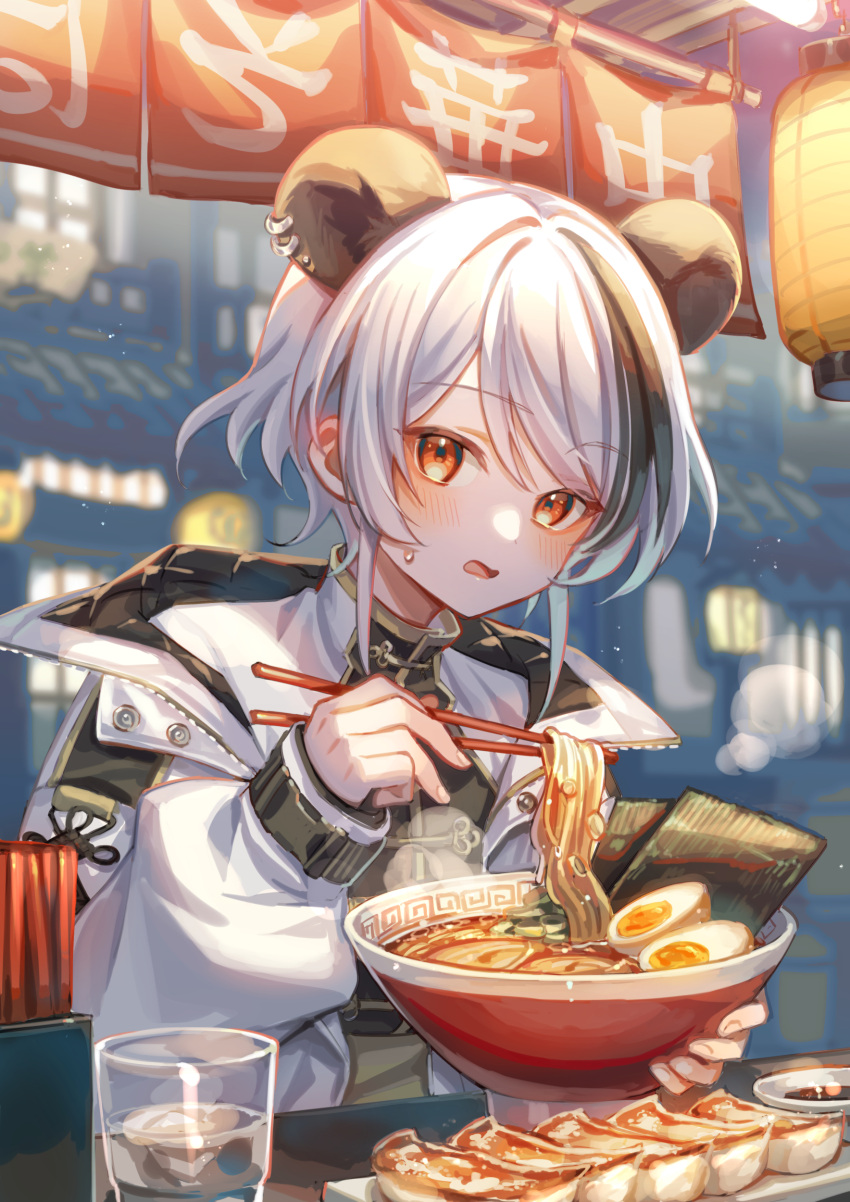 1girl, absurdres, animal_ears, bear_ears, bear_girl, brown_eyes, chopsticks, dumpling, egg_(food), extra_ears, food, glass, highres, holding, holding_chopsticks, jacket, jiaozi, lantern, long_sleeves, looking_at_viewer, multicolored_hair, noodles, original, paper_lantern, ramen, solo, soup, streaked_hair, suzaku_(zaku6584), sweatdrop, white_hair
