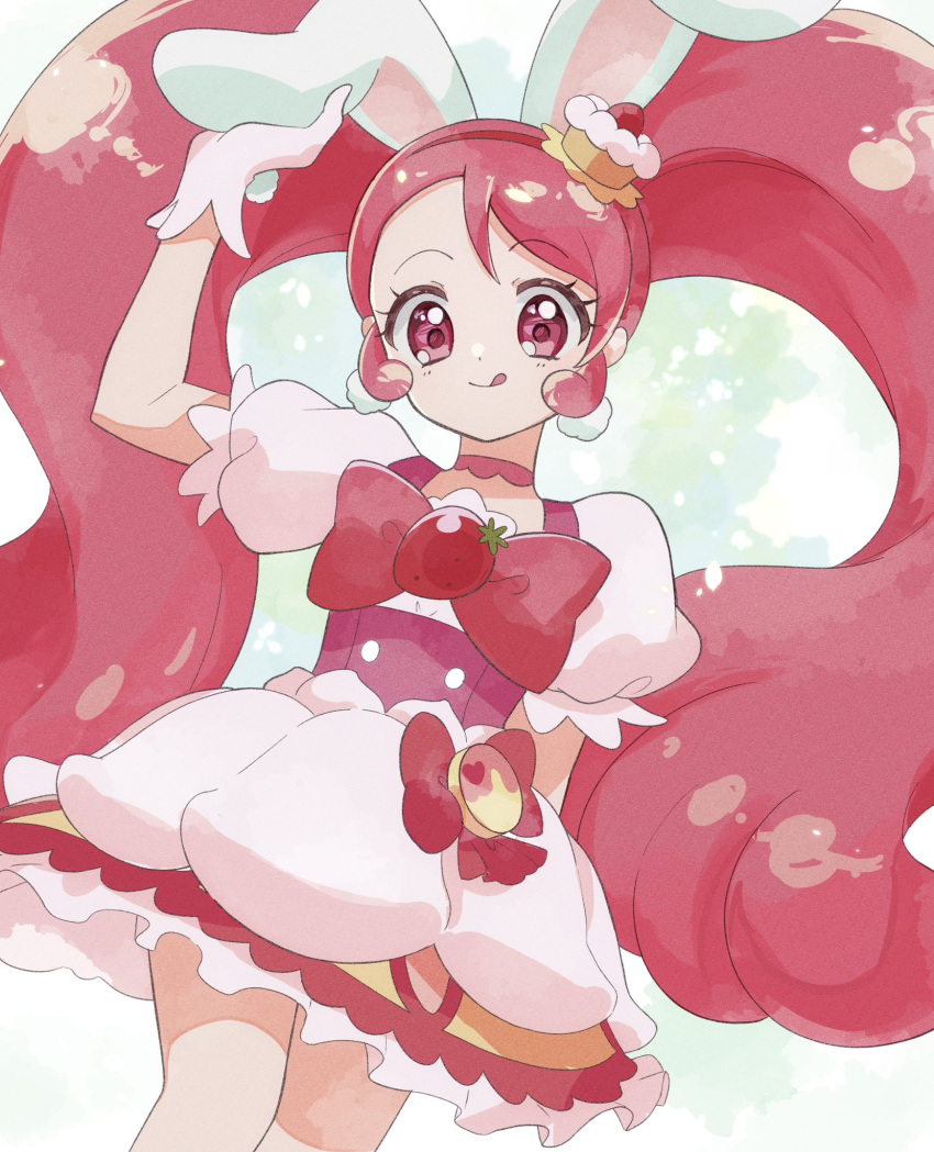 1girl, animal_ears, bow, cake, cake_hair_ornament, choker, cure_whip, dress