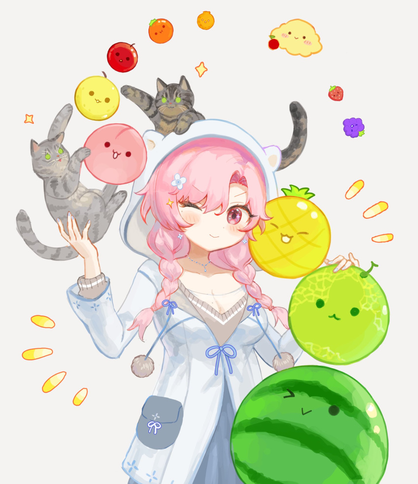 1girl, animal, animal_ears, apple, blue_bow, blush, bow, braid