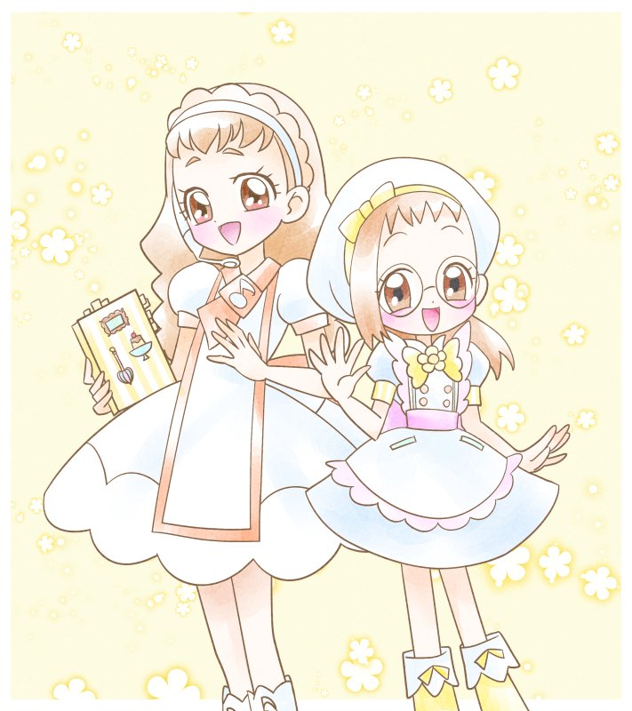 2girls, :d, arisugawa_himari, belt, blush, book, boots, bow, brown_eyes, brown_hair, cosplay, costume_switch, crossover, dress, flower, fujiwara_hazuki, glasses, hat, headset, holding, holding_book, kirakira_patisserie_uniform, kirakira_precure_a_la_mode, long_hair, magical_girl, multiple_girls, official_alternate_costume, ojamajo_doremi, open_mouth, pink_belt, precure, round_eyewear, senri_bunny, short_bangs, smile