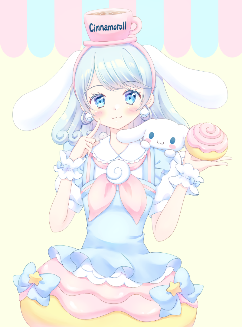 1girl, :3, animal, animal_ears, animal_on_shoulder, blouse, blue_bow, blue_eyes, blue_hair, blue_ribbon, blush, bow, bubble_skirt, cinnamon_roll, cinnamoroll, commentary, cup, curly_hair, dog, dog_ears, dog_on_shoulder, dress, droopy_ears, earrings, food, food-themed_clothes, food-themed_hair_ornament, frilled_shirt, frilled_wrist_cuffs, frills, hair_ornament, hands_up, holding, holding_food, jewelry, medium_hair, neckerchief, personification, peter_pan_collar, pink_headwear, pink_neckerchief, pointing, pointing_at_self, pointing_up, pom_pom_(clothes), pom_pom_earrings, ponfuta, puffy_short_sleeves, puffy_sleeves, ribbon, sanrio, shirt, short_sleeves, simple_background, skirt, smile, solo, star_(symbol), suspender_skirt, suspenders, upper_body, white_wrist_cuffs, wrist_cuffs, yellow_background