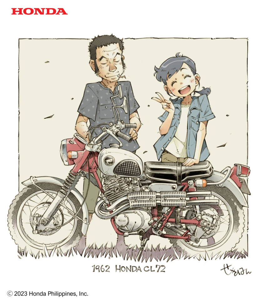 1boy, 1girl, :d, ^_^, ad, black_hair, blue_jacket, blue_shirt