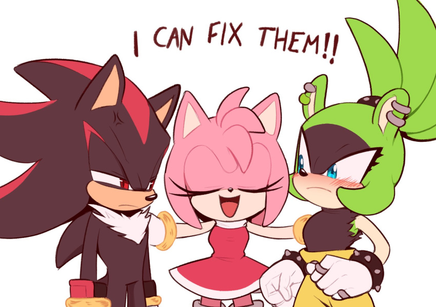 1boy, 2girls, amy_rose, animal_ear_piercing, black_shirt, blue_eyes, blush, bracelet, closed_eyes, dress, english_text, furry, furry_female, furry_male, gloves, hetero, highres, i_can_fix_him_(meme), jewelry, meme, multiple_girls, open_mouth, pants, red_dress, red_eyes, ring, shadow_the_hedgehog, shirt, simple_background, sleeveless, sleeveless_dress, sonic_(series), spiked_bracelet, spikes, surge_the_tenrec, toonsite, white_background, white_gloves, yellow_pants, yuri